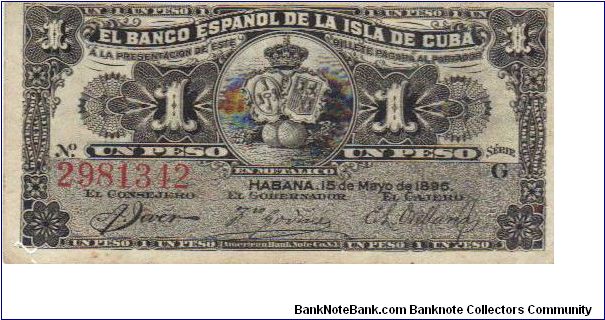 Small note (1-3/4 x 3-3/4). Spanish Bank of the Island of Cuba colonial issue Banknote