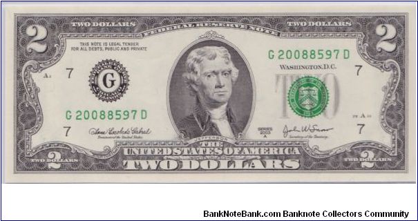 2003 A $2 CHICAGO FRN

**BEP SPECIAL ISSUES 2008 SERIES**

#1 OF 2 CONSECUTIVE Banknote