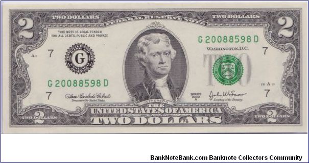 2003 A $2 CHICAGO FRN

**BEP SPECIAL ISSUES 2008 SERIES**

#2 OF 2 CONSECUTIVE Banknote