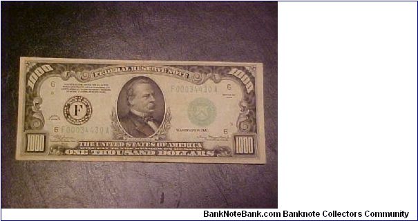 My first large-denomination USA note, a VF Fr. 2211-F $1,000 FRN series 1934 issued by the Atlanta Fed. Banknote