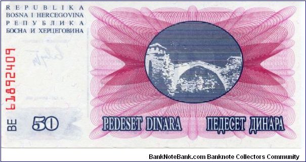 50 Dinara
Blueblack/Violet
Mostar stone arch bridge
Value & geometric design
Wtmk Diamonds Banknote