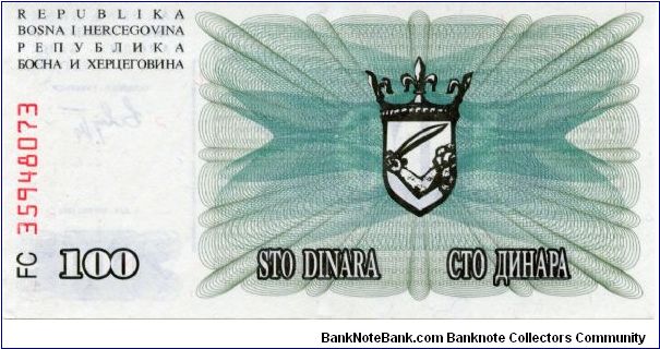 100 Dinara
Black/Olive
Crowned arms
Value & geometric design
Wtmk Diamonds Banknote