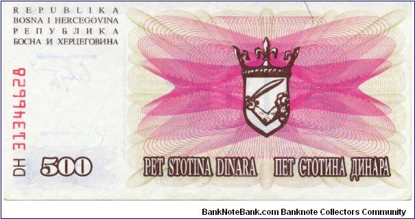 500 Dinara
Brown/Pink/Ocher
Crowned arms
Value & geometric design
Wtmk Diamonds Banknote