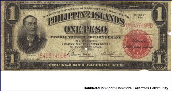 PI-68a Philippine Islands 1 Peso Treasury Certificate. Banknote