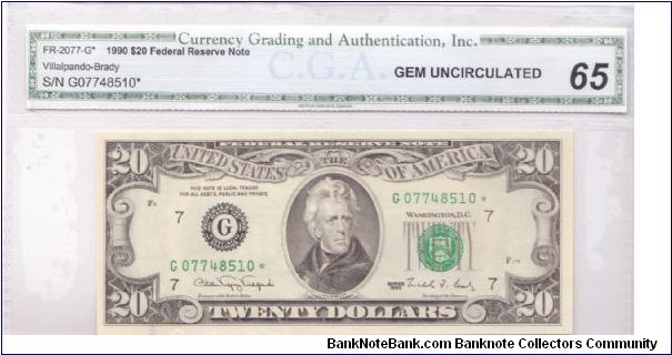1990 $20 CHICAGO FRN

**STAR NOTE**

**CGA 65**

**GEM UNCIRCULATED** Banknote