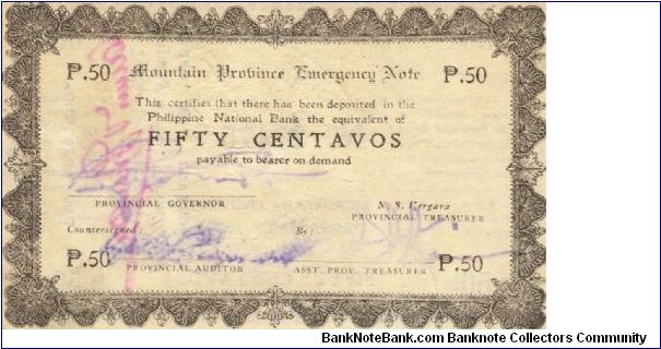 S-594b Mountain Province 50 centavos note with countersign on reverse. Banknote