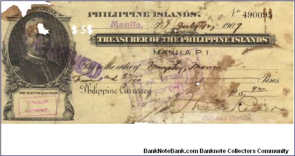 RARE Treasurer of the Philippine Islands Govonor Lawton check. Banknote