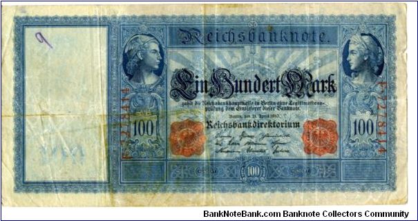 100 Marks
21 April
Blue/Black
Mercury & Ceres above Imperial Eagle with Crown in center
Warships, Plow & anvil, tree and Germania seated holding sword
Red seal
Wtmk Wilhelm I & 100 Banknote