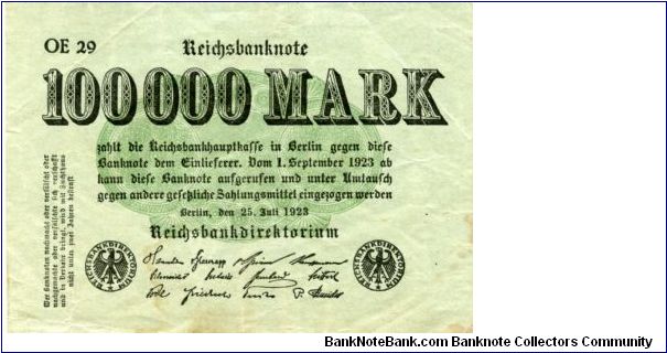 Weimar Republic
Treasury notes
3rd Issue
100,000 Marks
25 July
Green/Black
Value & Geometric pattern in center
Uniface
Wtmk GD in stars Banknote