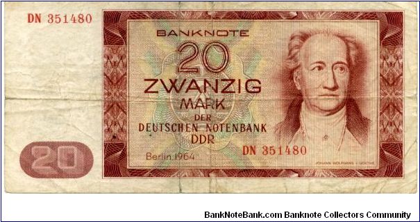 DDR 
DEUTSCHE NOTENBANK
20 Marks
Redbrown
Johann Wolfgang Von Goeth
National theater Wiemar, National emblem
Wtmk JW Von Goeth Banknote