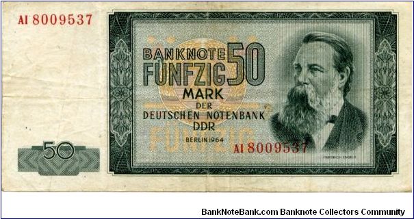 DDR 
DEUTSCHE NOTENBANK
50 Marks
Olive/Yellow
Fredrich Engles
National emblem, Combine harvesters Wheat threshing
Wtmk F Engles Banknote