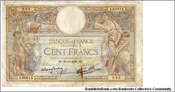 100 Francs
Multi
Two women with naked children & sheep in orchard by Luc Olivier Merson (1846-1920)
Blacksmith & Allogorical woman and child
Wtmk 2 Heads Banknote