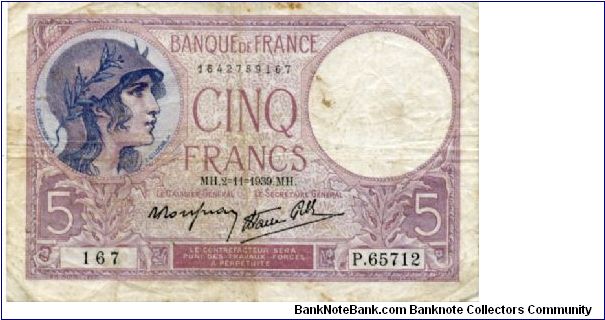 5 Francs
Violet, Allegory of France
Sailing ship and Dockworker
Wtmk Head Banknote