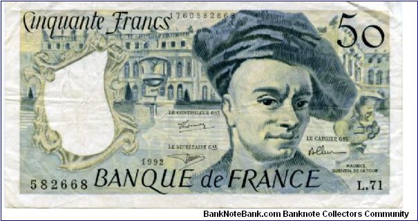 50 Francs
Blue/Yellow/Gray
Quentin de La Tour (Artist) and Palace of Versailles
Q de La Tour St.Quentin City
Hall in background
Security thread
Wtmk La Tour Banknote