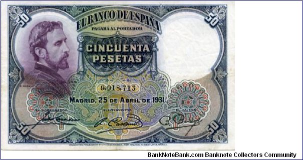 50 Ptas
Blue/Lilac/Violet
E Rosales and value
Death of Lucritia by E Rosales
Wtmk womans head Banknote