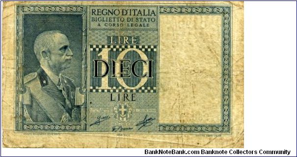 10 Lire
Blue
King Emanuele III
Helmeted Italia
Wtmk Italia Banknote