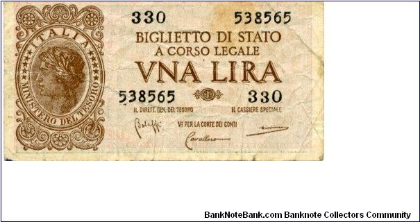 1 Lira
Brown/Green
Signatures Bolaffi, Cavallaro & Giovinco
Italia's head
Value Banknote