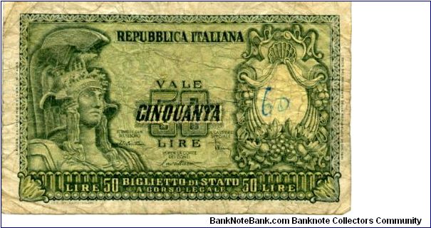 50 Lira
Green
Helmeted Italia & value
Value Banknote
