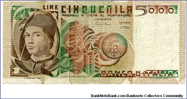 5000 Lira
Brown/Green
Portrait of painter Antonello da Messina, seal of St Mark
replica statue of Roman Emperor, Marcus Aurelius, in the Piazza Campidoglio in Rome & Fountain of the tortoises in Piazza Mattei in Rome
Wtrmk: A da Messina Banknote