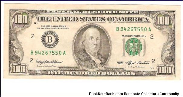 100 Dollars.

Portrait Benjamin Franklin at center on face; Independence Hall on back.

Pick #495 Banknote