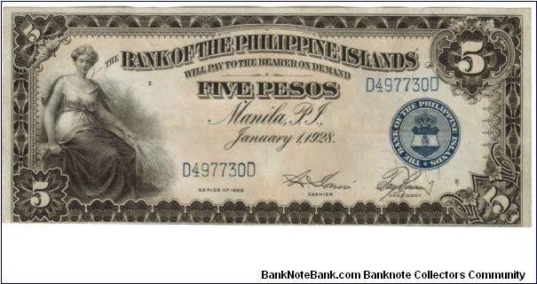 1928 5 Pesos XF/AU+ (BANK OF THE PHILIPPINE ISLANDS)
SN:D497730D Banknote