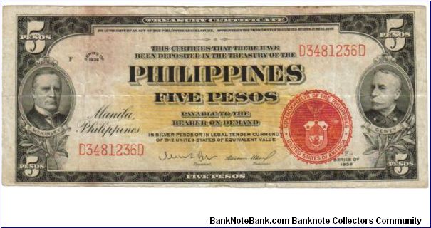 1936 5 Pesos VF (P- Treasury Certificate)
SN:D3481236D (US War Department Issue) Banknote