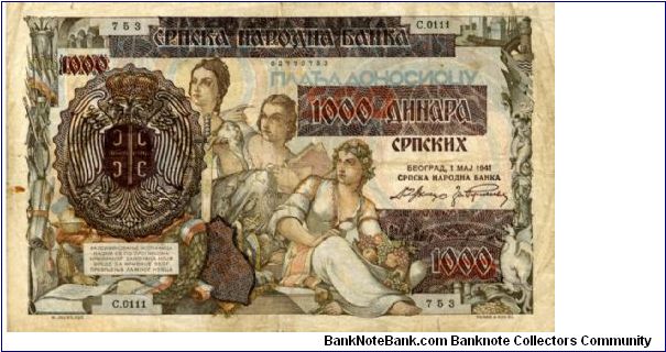 Serbia German Occupation

Provisional Issue

1000 Dinara on 500 Dinara
Multi
Serbian coat of arms,Three female figures
Three female figures & child with man ploughing Banknote