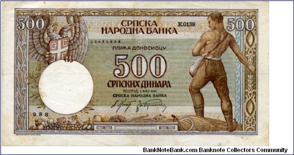 Serbia German Occupation 

500 Dinara
Multi
Farmer sowing seeds
Farmer harvesting wheat
Wmk Alexander Banknote