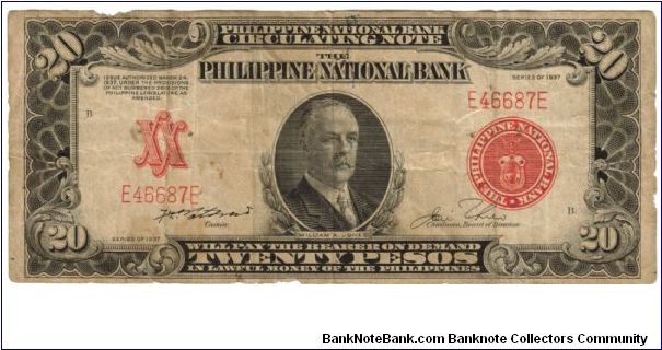 1937 20 Pesos apt.F (PNB- Circulating Note)
SN:E46687E Banknote