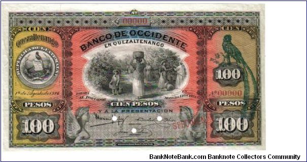 1916 100 Pesos XF(Guatamala) SPECIMEN Banknote