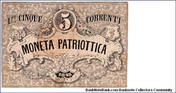 Provisional Government of Venice - 5 Lire Banknote