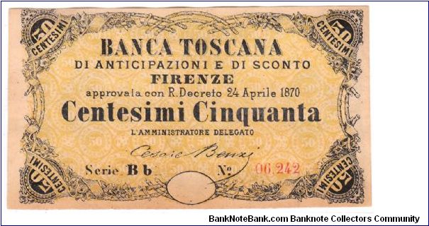 Kingdom of Italy - 50 Centesimi - Banca Toscana Banknote