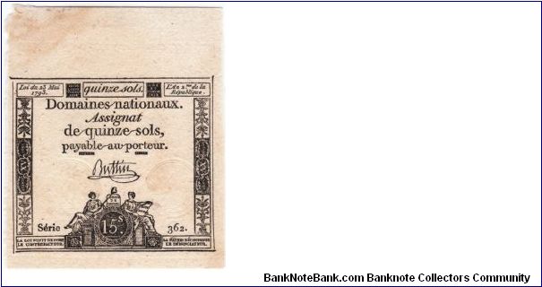 Assignat 15 Sols - 23 May 1793 Banknote