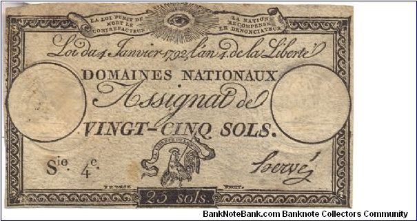 Assignat 25 Sols - 4 January 1792 Banknote