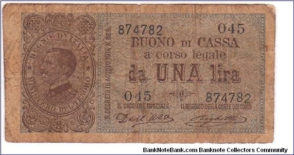 Kingdom of Italy - Buono di Cassa 1 Lira - 18 August 1914 Banknote