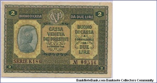 Kingdom of Italy - 2 Lire - Cassa Veneta dei Prestiti Banknote