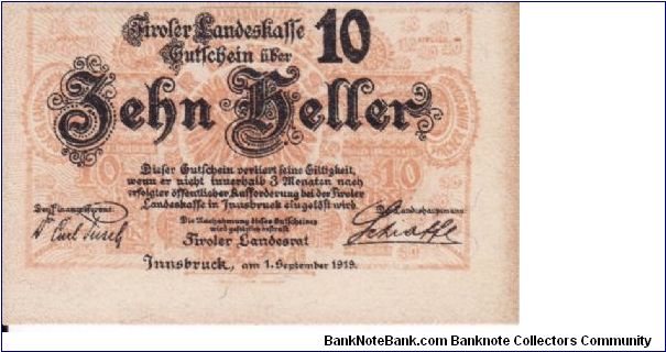 10 Heller PS139  Austrian States Tirol Banknote