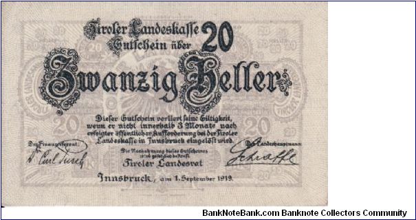 20 Heller PS140  Austrian States Tirol Banknote