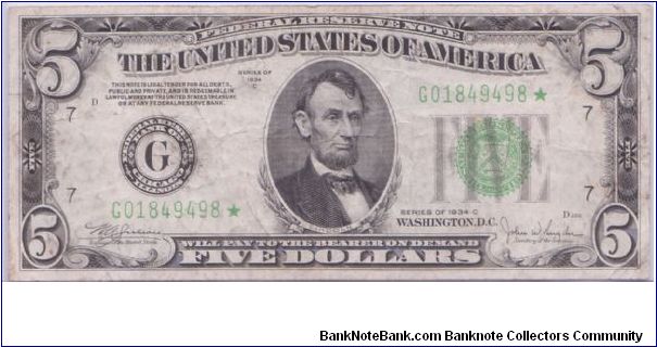 1934 C $5 CHICAGO FRN

**STAR NOTE** Banknote