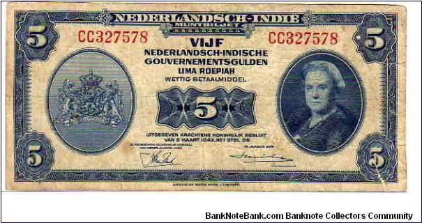 *NETHERLANDS INDIES*
__

5 Gulden-Roepiah__

pk# 113 a__

02-May-1943
 Banknote