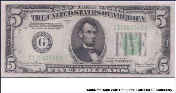 1934 D $5 CHICAGO FRN Banknote