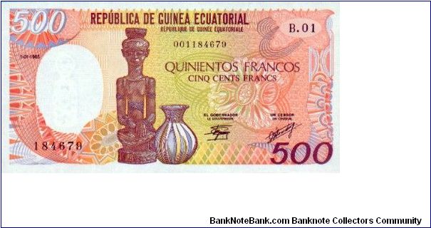 500 Francos. Statue & Jar on front; Man with statues on back Banknote