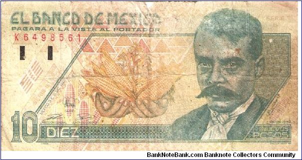 10 New Pesos.  Tear at top, centre. Banknote