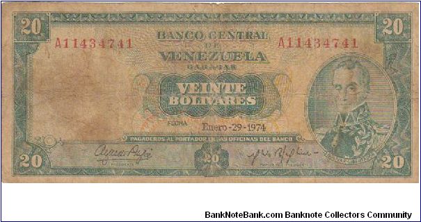 20 Bolivares
Jan-29-1974
Serial:A11434741 Banknote