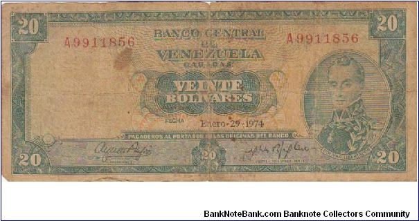 20 Bolivares
Jan-29-1974
Serial:A9911856 Banknote