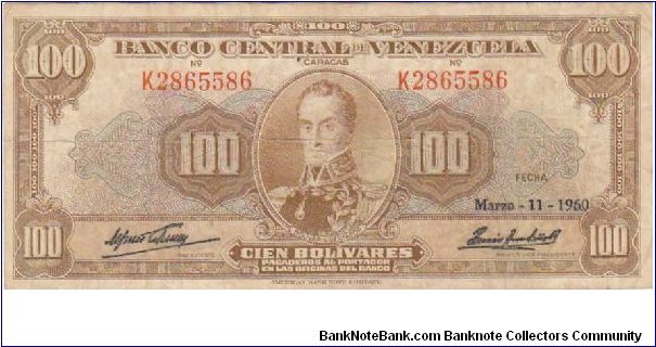 100 Bolivares
March-11-1960
Serial:K2865586 Banknote
