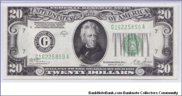 1928 B $20 CHICAGO FRN

**PMG 63 CU EPQ**

**DARK GREEN SEAL** Banknote