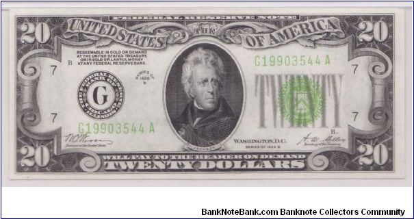 1928 B $20 CHICAGO FRN

**PMG 64 CU**

**LIGHT GREEN SEAL** Banknote