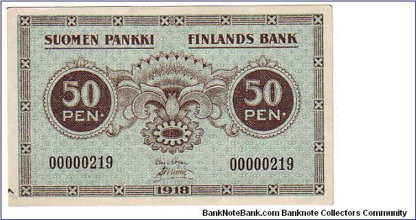 50 pennia

Relatively rare (low serial number)

This note is made of 13.12.1918 Banknote