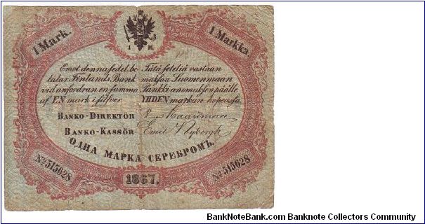 1 markka
Rare
This note is made of 18.01.-07.07.1868 Banknote